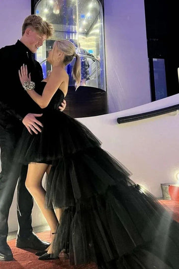 Niulatu High Low Strapless Black Tulle Long Evening Dress Prom Dresses SD1578